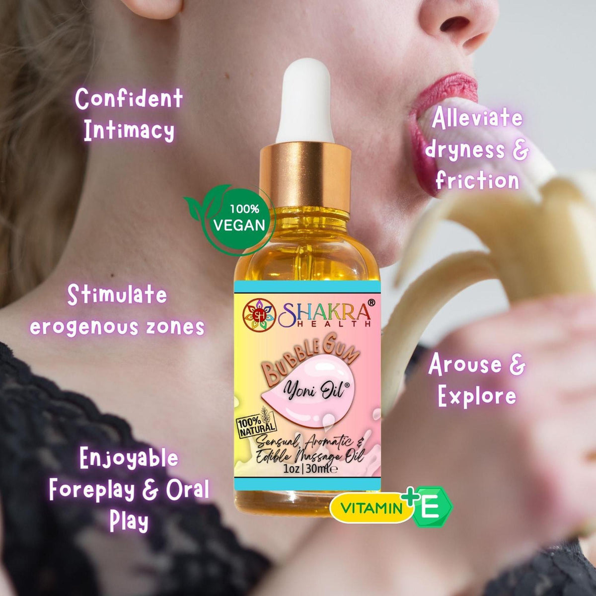 Shakra Health 30ml bubblegum yoni oil bottle with gold dropper, held by a woman eating a banana with wellness text overlays.
