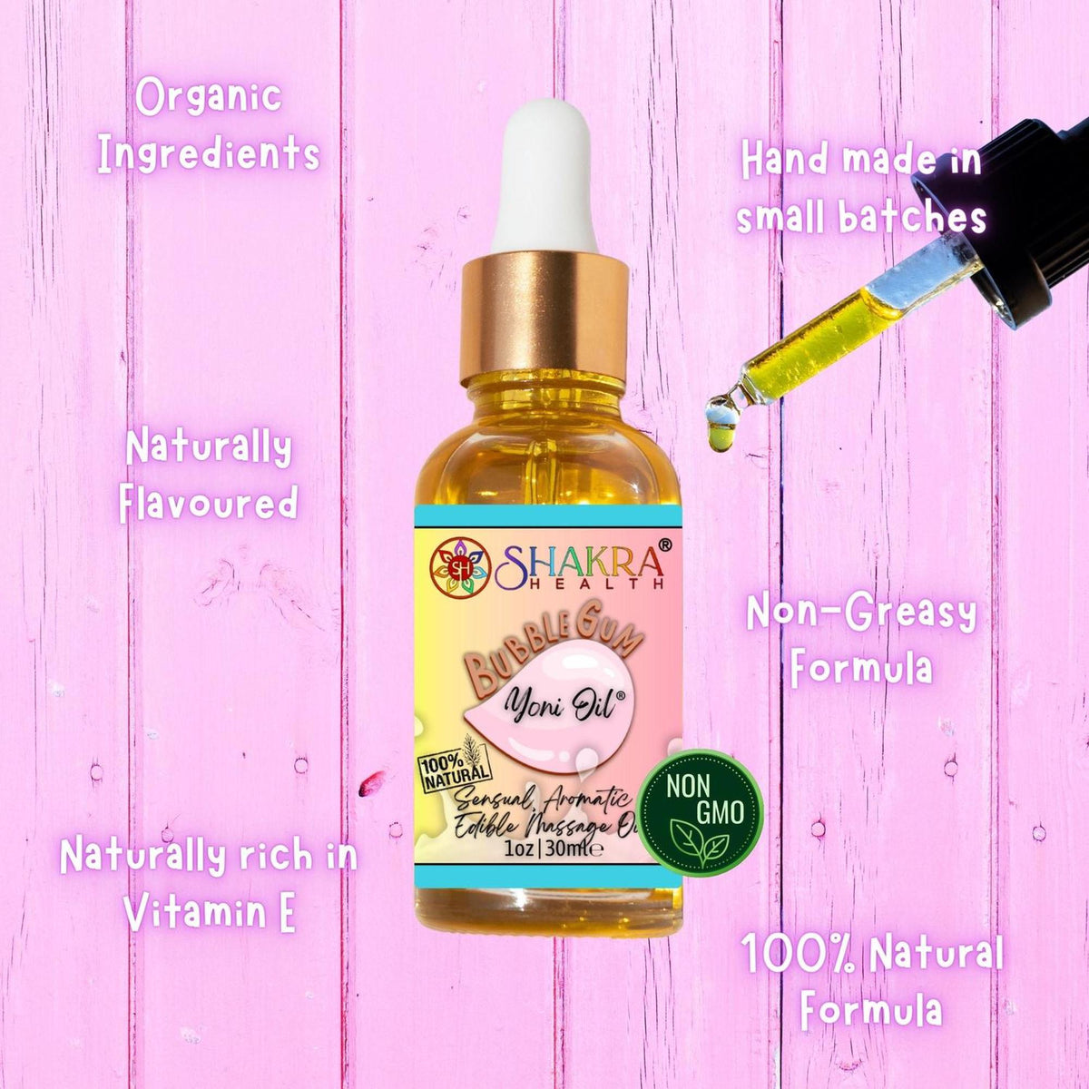 Bubblegum yoni oil in a 30ml amber glass dropper bottle on a pink wooden background with product benefit text overlays.