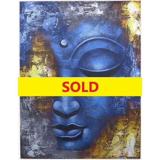 Handcrafted abstract Buddha painting in shades of blue with textured details on a wooden frame, 80x60cm.