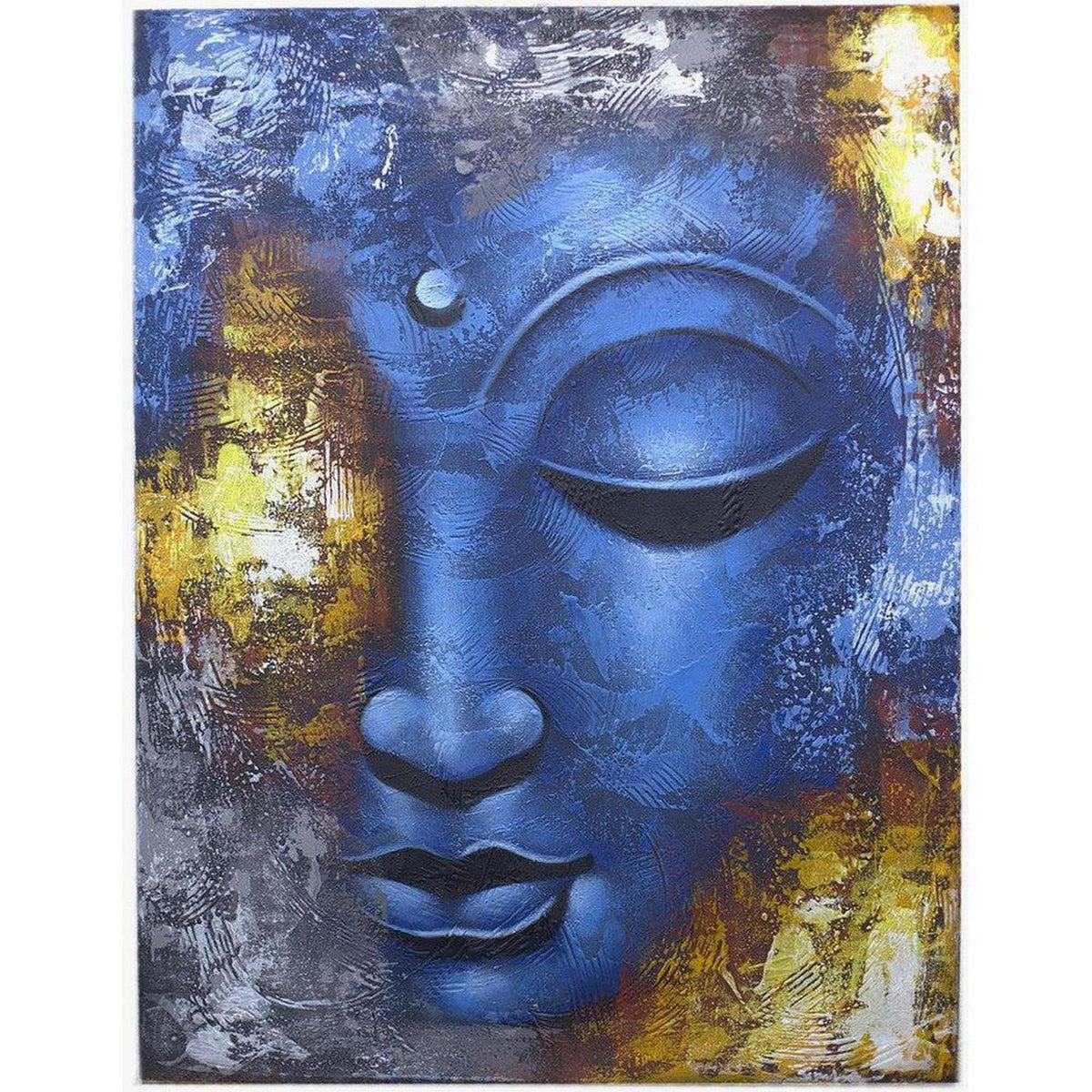 Abstract blue Buddha face painting on canvas with textured gold and grey accents, handcrafted in Indonesia.