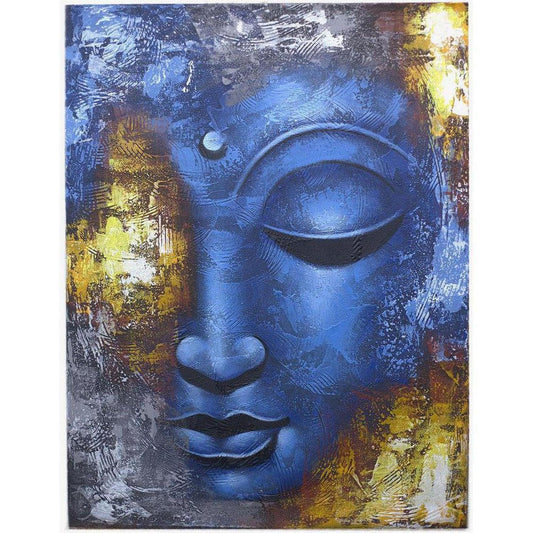 Abstract blue Buddha face painting on canvas with textured gold and grey accents, handcrafted in Indonesia.