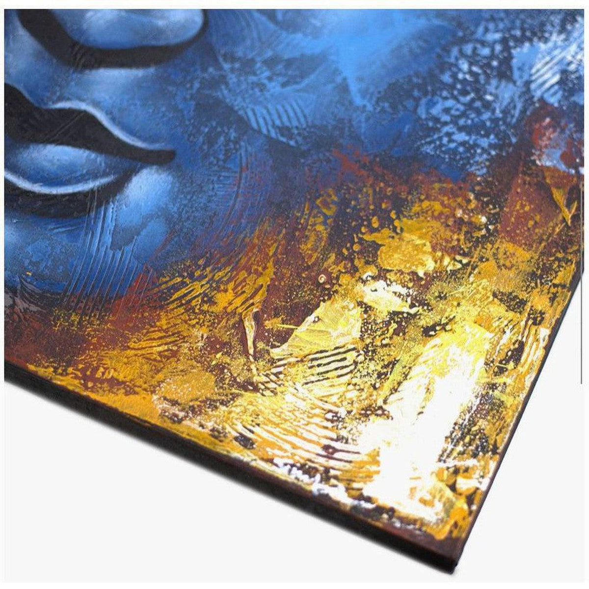 Handcrafted abstract Buddha painting on canvas with blue and gold textured brushstrokes on a wooden frame.
