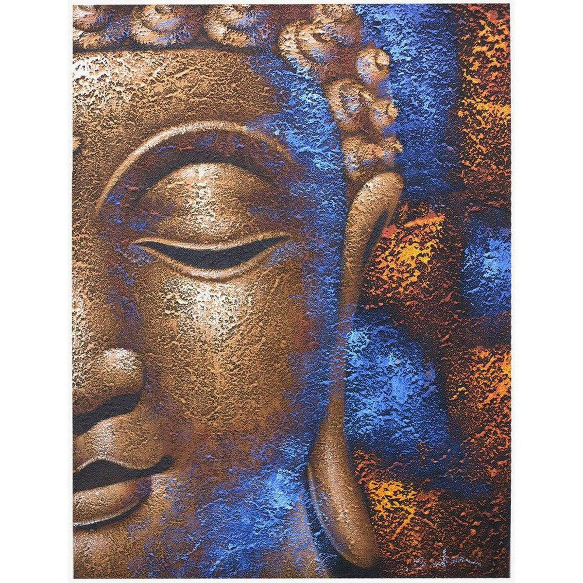 Textured canvas art featuring a serene Buddha face in metallic copper with vibrant blue and burnt orange accents.