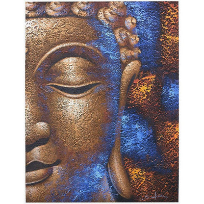 Textured canvas art featuring a serene Buddha face in metallic copper with vibrant blue and burnt orange accents.