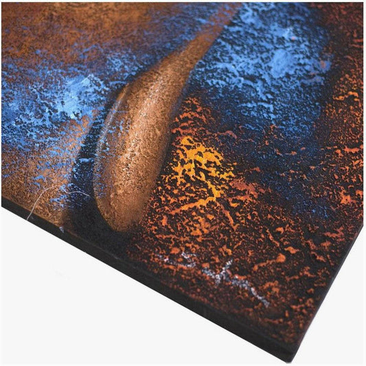 Textured canvas art featuring a metallic copper Buddha face with vibrant blue and burnt orange abstract accents.