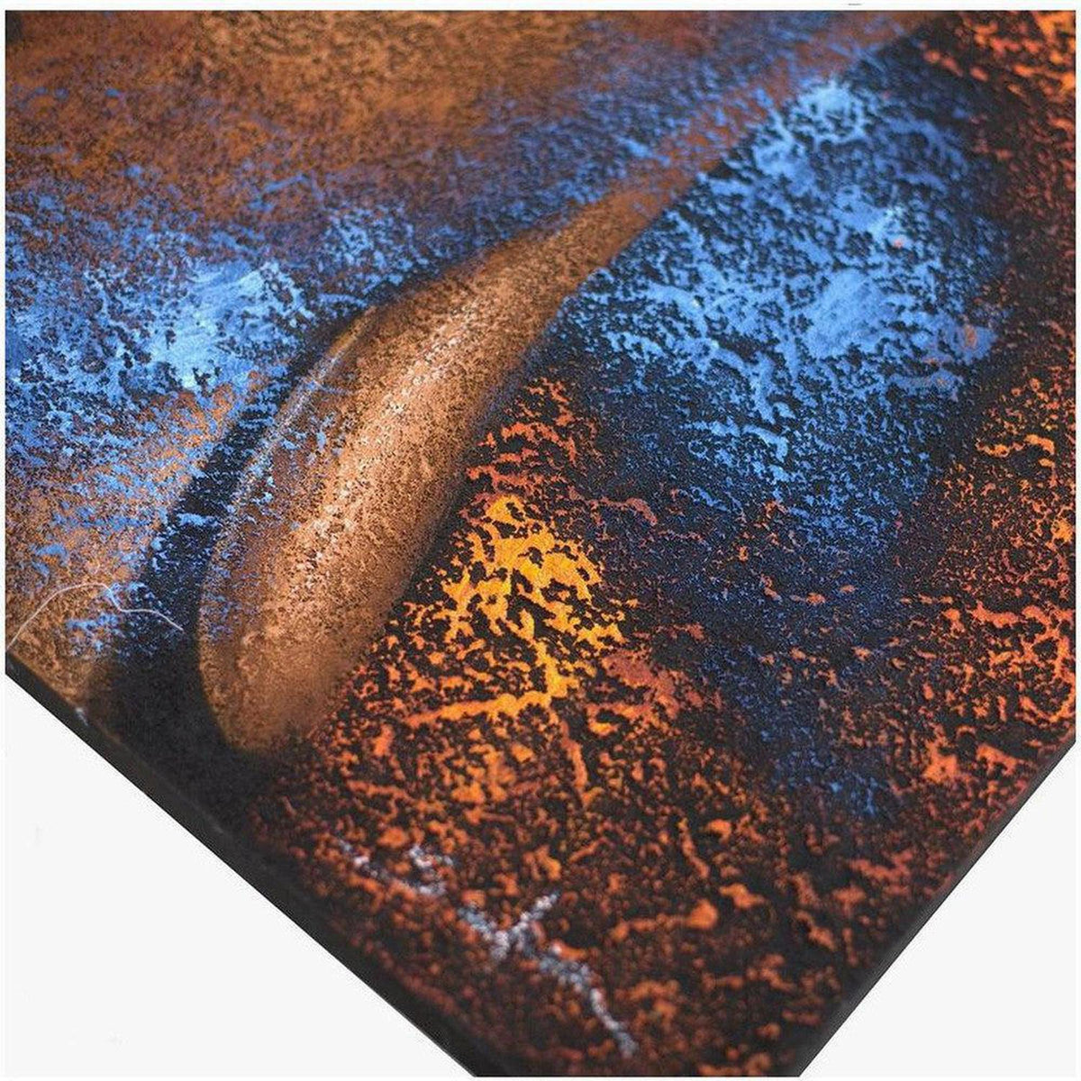 Textured canvas art featuring a metallic copper Buddha face with vibrant blue and burnt orange abstract accents.