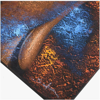 Textured canvas art featuring a metallic copper Buddha face with vibrant blue and burnt orange abstract accents.