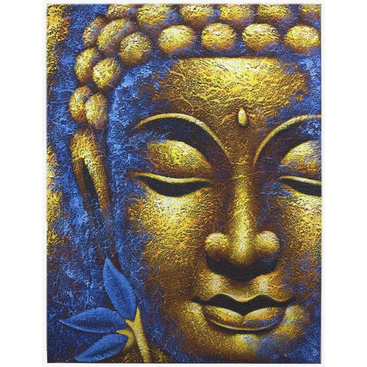 Hand-painted golden Buddha face canvas with textured details and a blue lotus flower on a deep twilight-blue background.