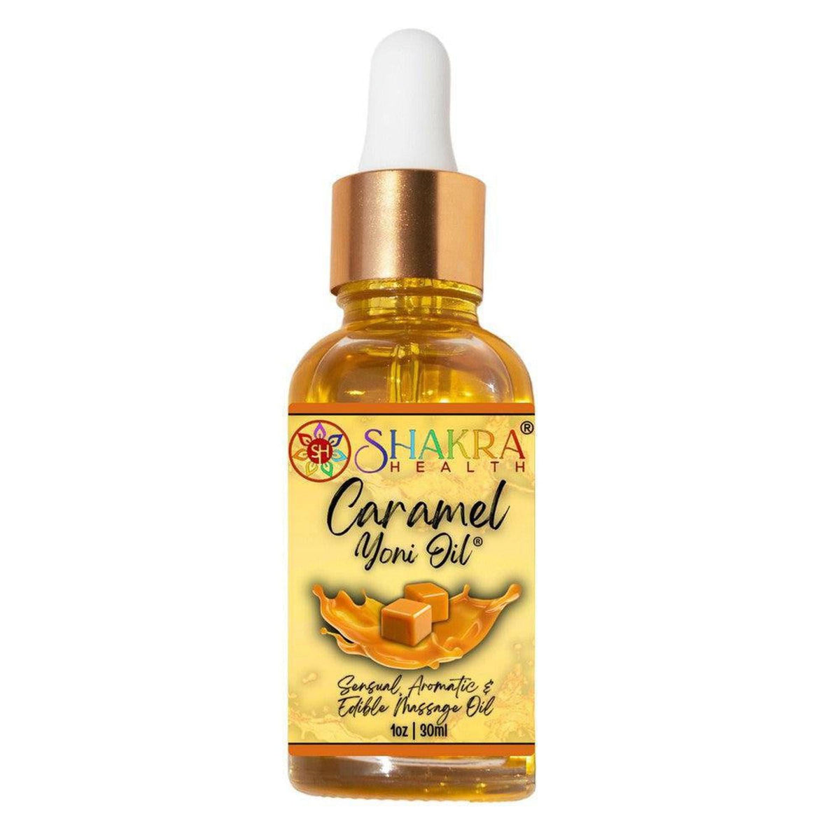 30ml bottle of Shakra Health caramel yoni oil with a gold dropper cap and yellow label featuring caramel illustrations.