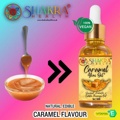 30ml bottle of Shakra Health caramel yoni oil with a dropper, next to a spoon and bowl of golden caramel sauce.