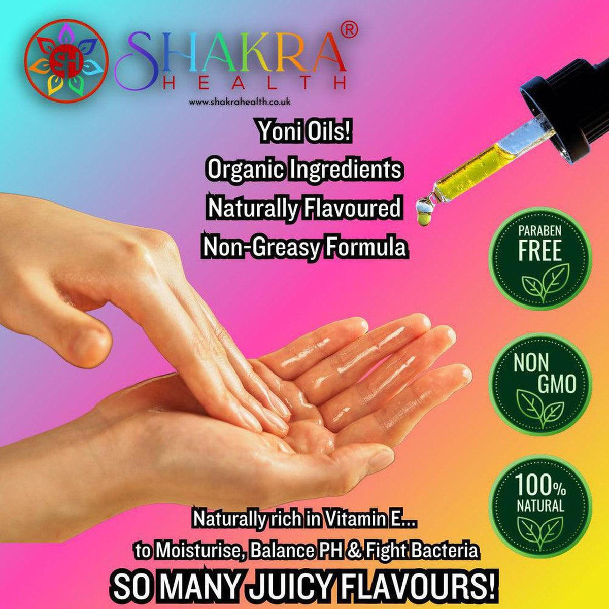 Golden caramel yoni oil being applied to hands, featuring natural ingredient icons and Shakra Health branding.