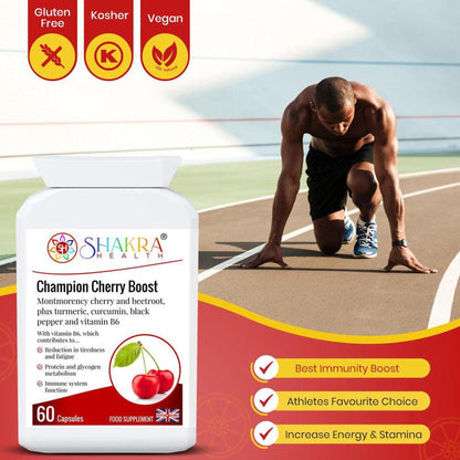White bottle of Champion Cherry Boost capsules with cherry imagery, displayed next to an athlete on a running track.