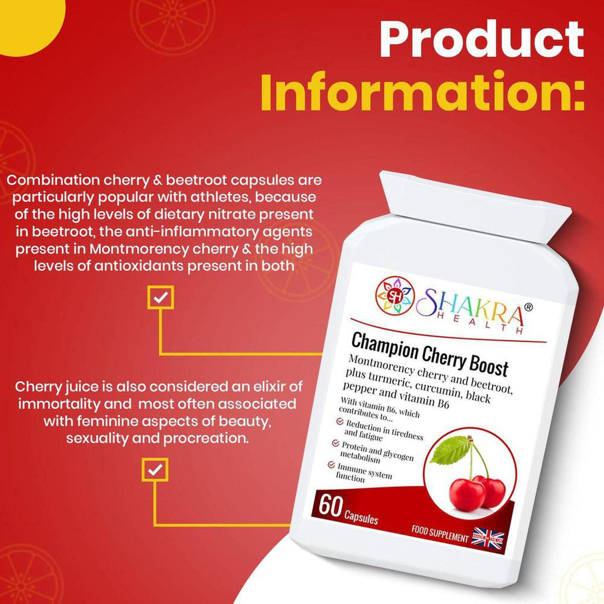 White supplement bottle of Champion Cherry Boost with cherry imagery on a red background with health information text.