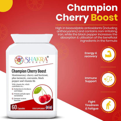 White supplement bottle of Champion Cherry Boost with red cherry graphics on a red background with health benefit icons.