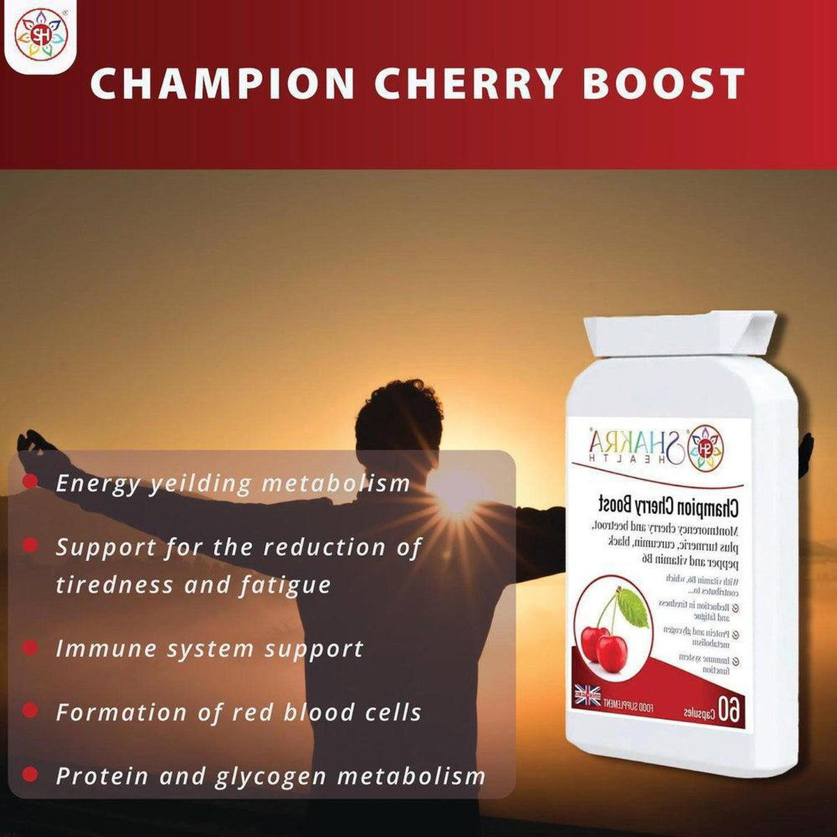 White supplement bottle of Champion Cherry Boost next to a silhouette of a person against a red and brown background.