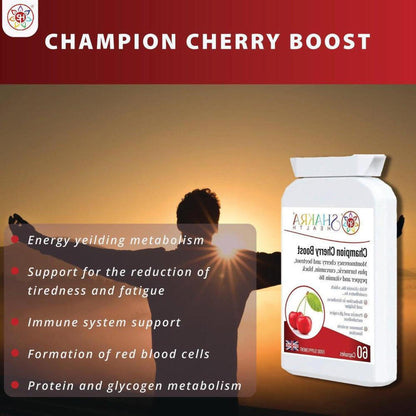 White supplement bottle of Champion Cherry Boost next to a silhouette of a person against a red and brown background.