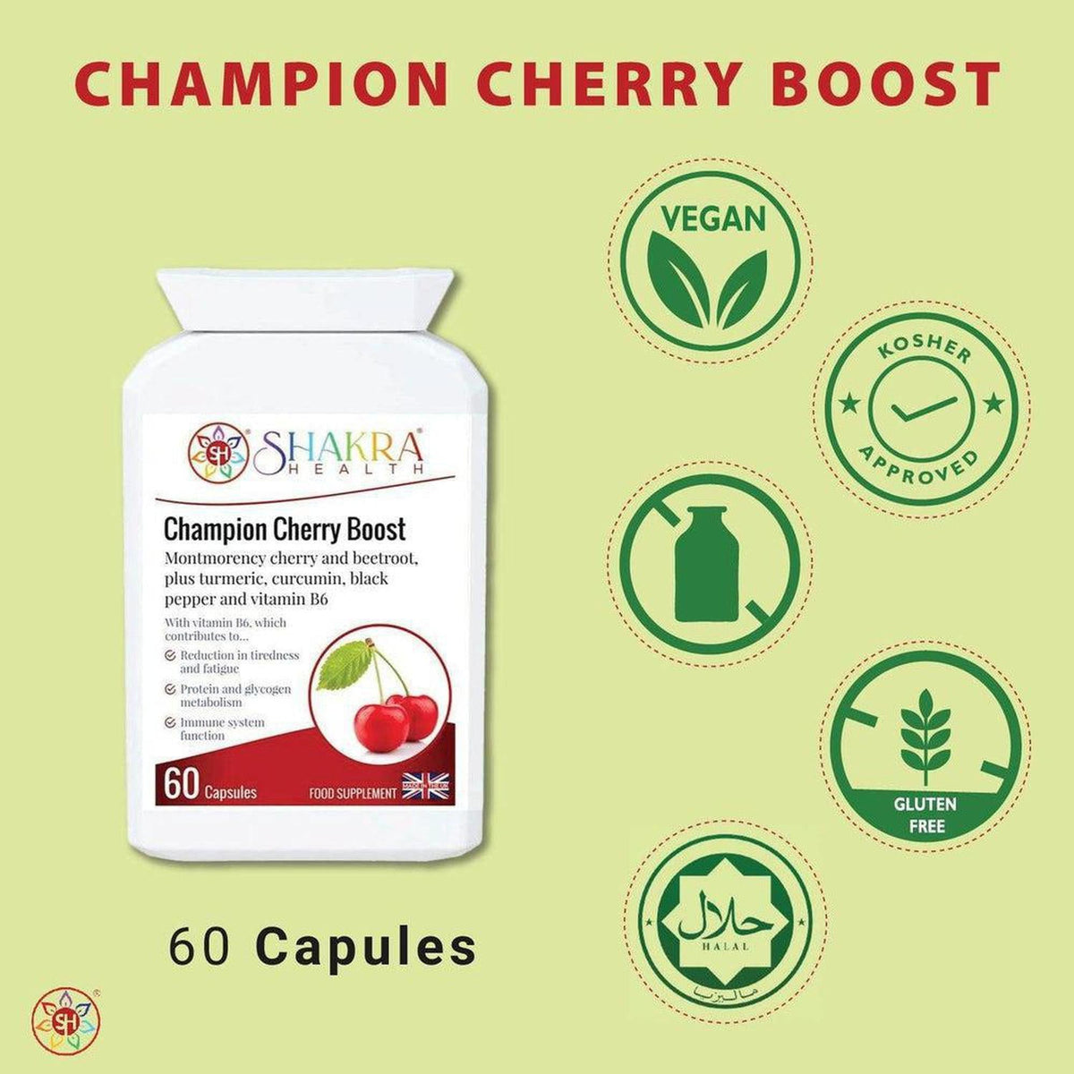 White bottle of Champion Cherry Boost capsules with cherry imagery and green vegan, kosher, and gluten-free icons.