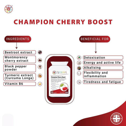 Champion Cherry Boost supplement bottle surrounded by ingredient lists and health benefits on a white background.
