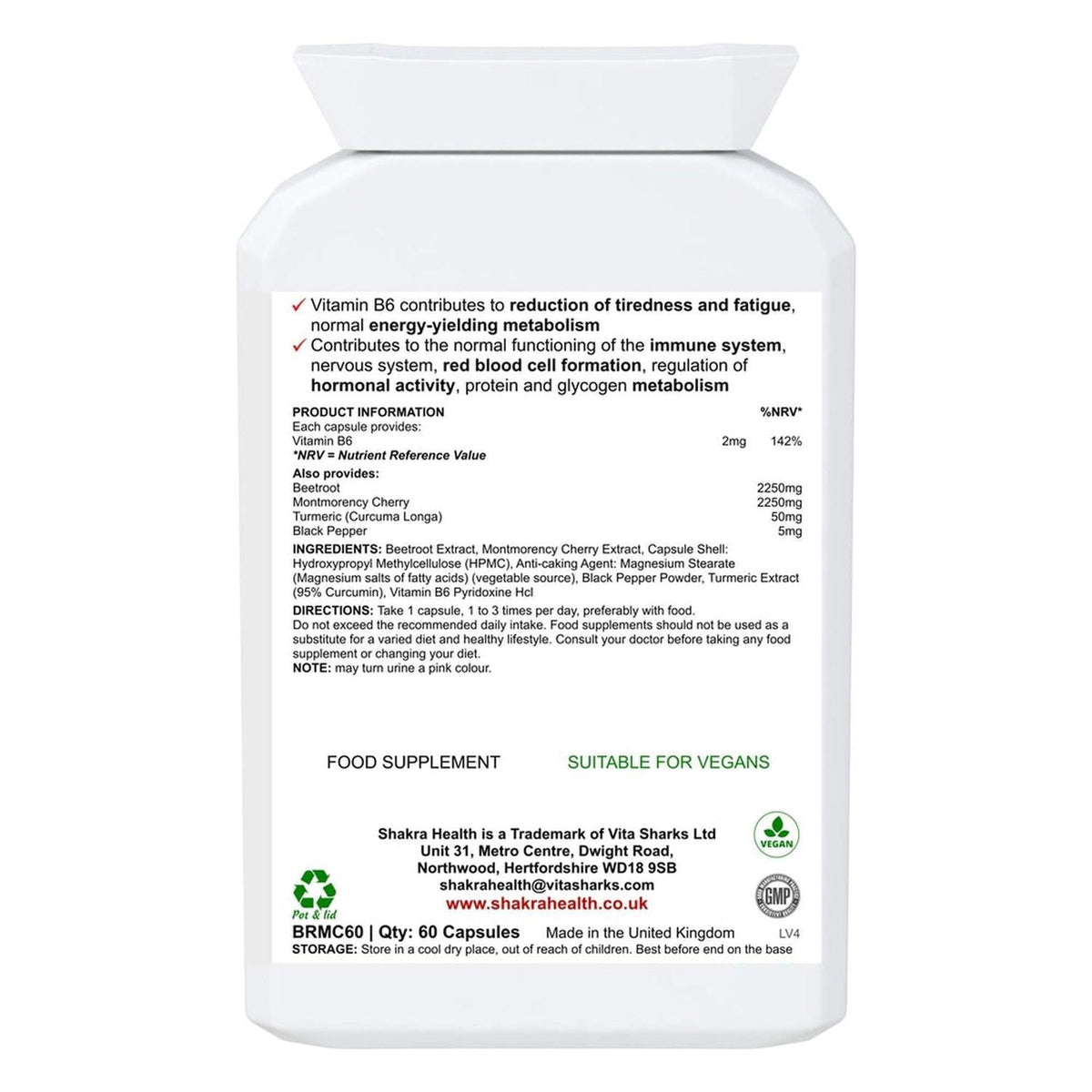 White plastic supplement bottle showing a detailed ingredient label, nutritional information, and vegan certification.