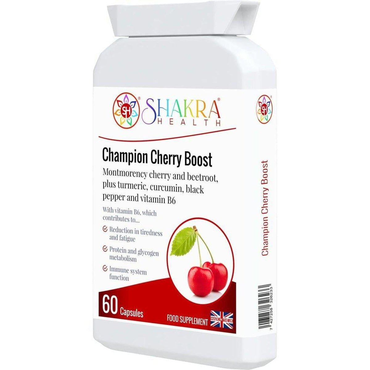 White bottle of Shakra Health Champion Cherry Boost capsules with a red cherry graphic and supplement details.