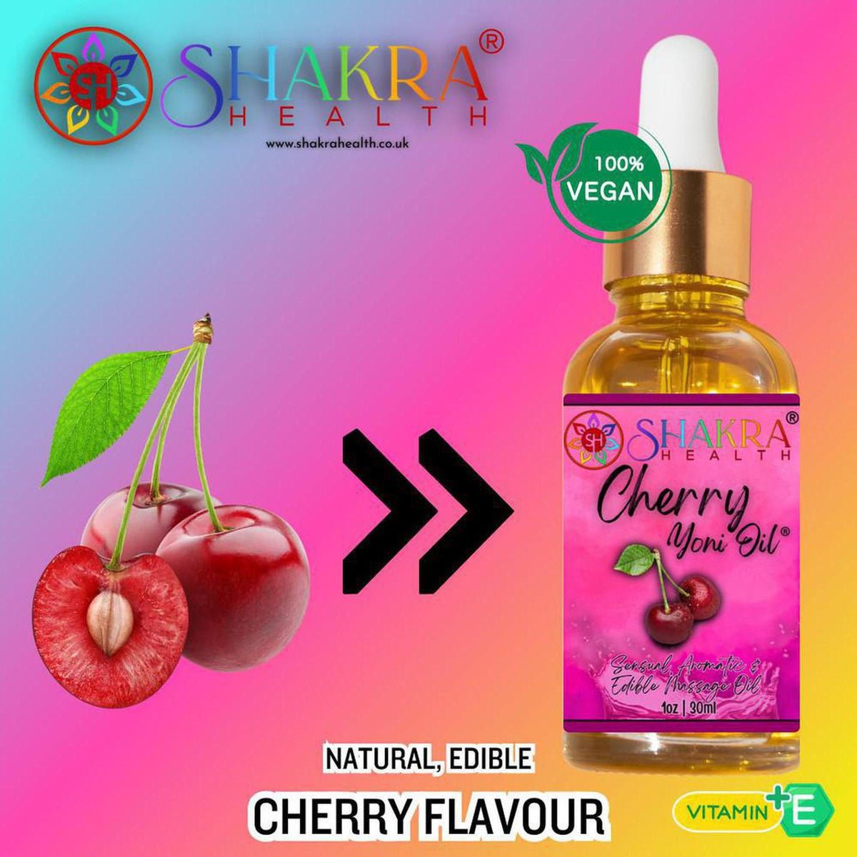 Shakra Health 30ml cherry yoni oil bottle with dropper, featuring a pink label, fresh cherries, and vegan branding.