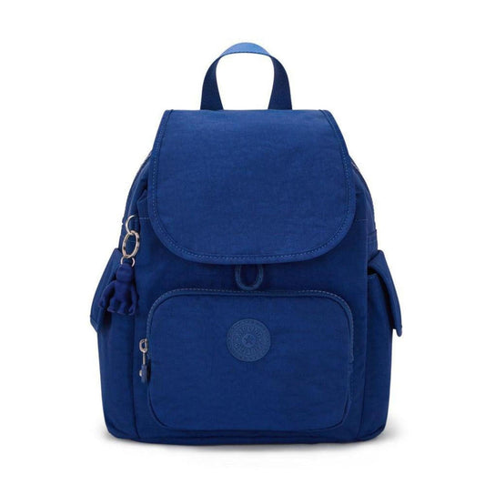 Kipling City Pack Mini backpack in deep sky blue with a flap closure, front pocket, and signature monkey keychain.