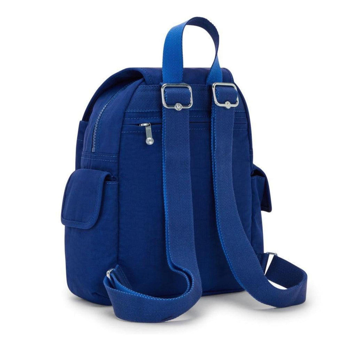 Deep Sky Blue Kipling City Pack Mini backpack with adjustable straps, side pockets, and silver hardware on white.