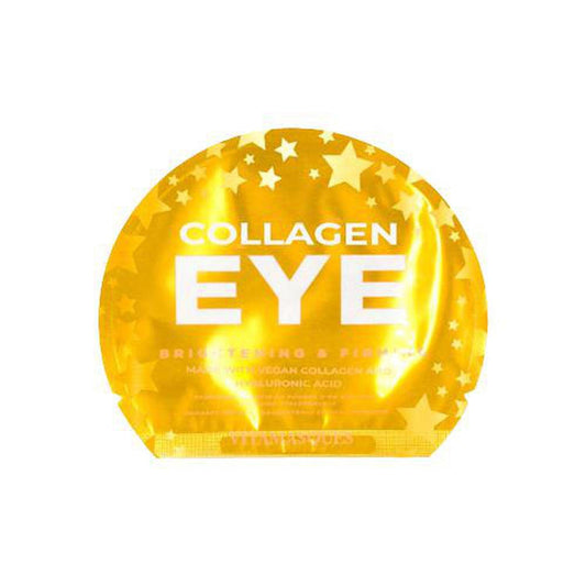 Shiny gold foil packet of vegan collagen eye pads featuring white text and a star pattern on a white background.