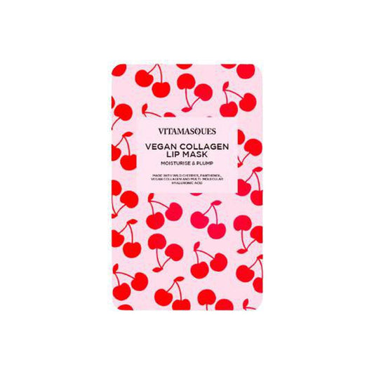 Vitamask vegan collagen lip mask in a light pink packet with a red cherry pattern and black text.