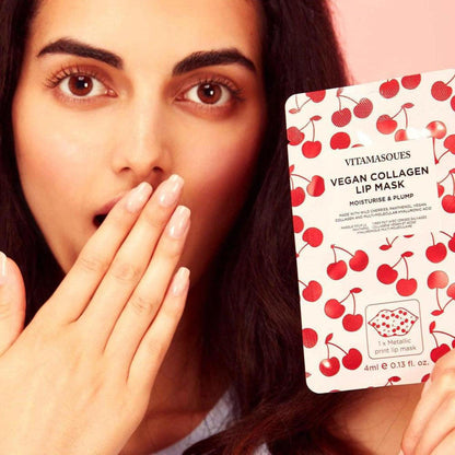 Vegan Collagen Lip Mask - Cherry Plumping Treatment Patch - Plump and deeply hydrate dry lips with our Vegan Collagen Cherry Lip Mask. Multi-molecular hyaluronic acid for a smooth, juicy pout. Buy now! Buy Now at Sacred Remedy