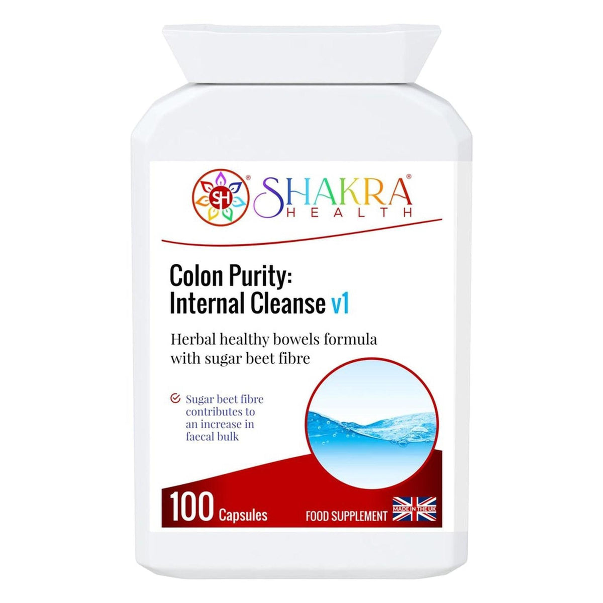 White plastic bottle of Shakra Health Colon Purity 100 capsules with a blue water graphic and UK flag label.