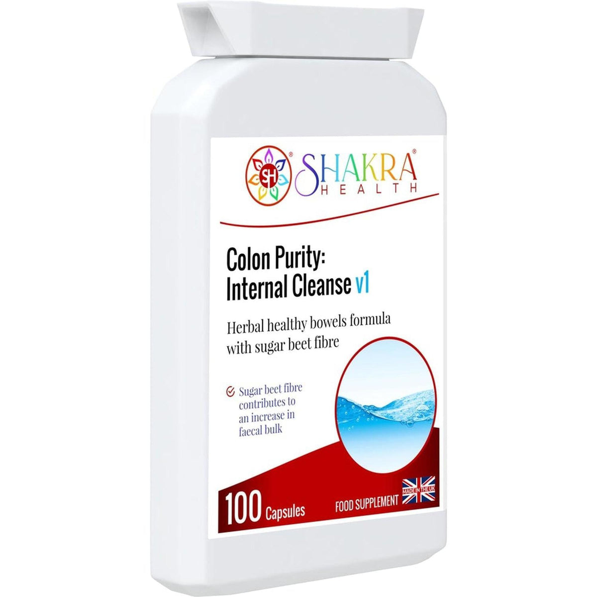 White plastic bottle of Shakra Health Colon Purity capsules with red and blue branding, 100 count, on a white background.