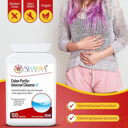 White bottle of Colon Purity capsules next to a person holding their stomach, with gluten-free and vegan icons above.