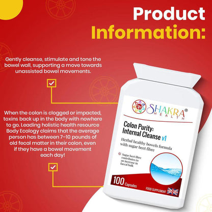 White plastic bottle of Shakra Health Colon Purity capsules with red and blue label text on a red background.