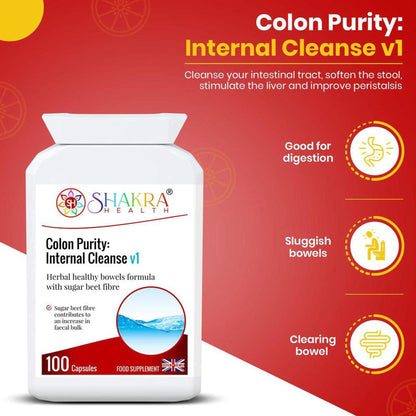White supplement bottle for Colon Purity Internal Cleanse with 100 capsules, featuring Shakra Health branding and icons.