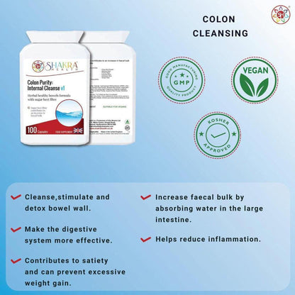 White bottle of Colon Purity capsules with vegan, GMP, and kosher certification seals and digestive health benefits list.
