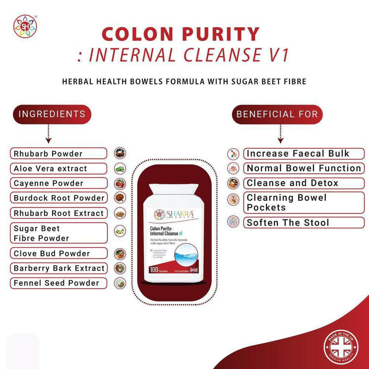 White bottle of Colon Purity 100 capsules surrounded by lists of herbal ingredients and health benefits on a white background.