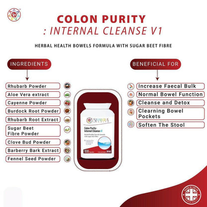 White bottle of Colon Purity 100 capsules surrounded by lists of herbal ingredients and health benefits on a white background.