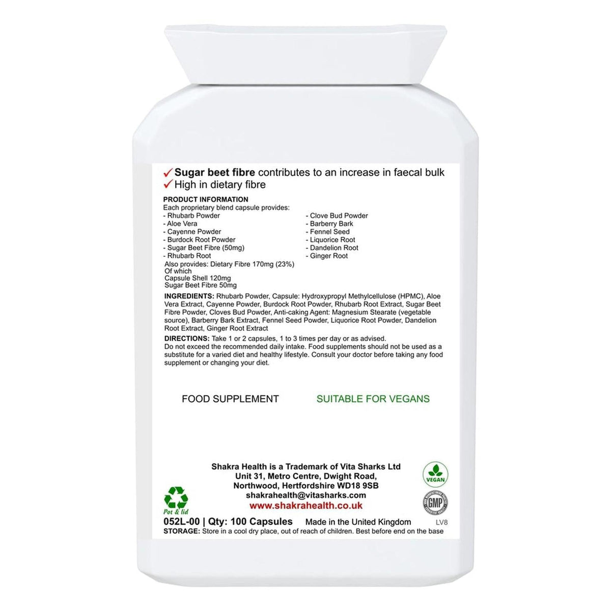 White plastic supplement bottle with a detailed label listing ingredients, directions, and vegan certification icons.