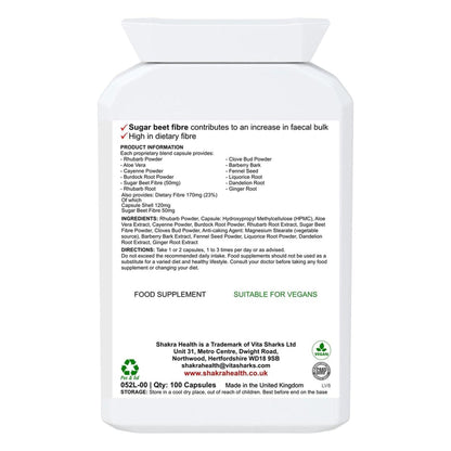 White plastic supplement bottle with a detailed label listing ingredients, directions, and vegan certification icons.