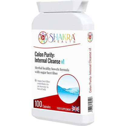 White plastic bottle of Colon Purity 100 capsules with a red wave design, Shakra Health logo, and blue water graphic.