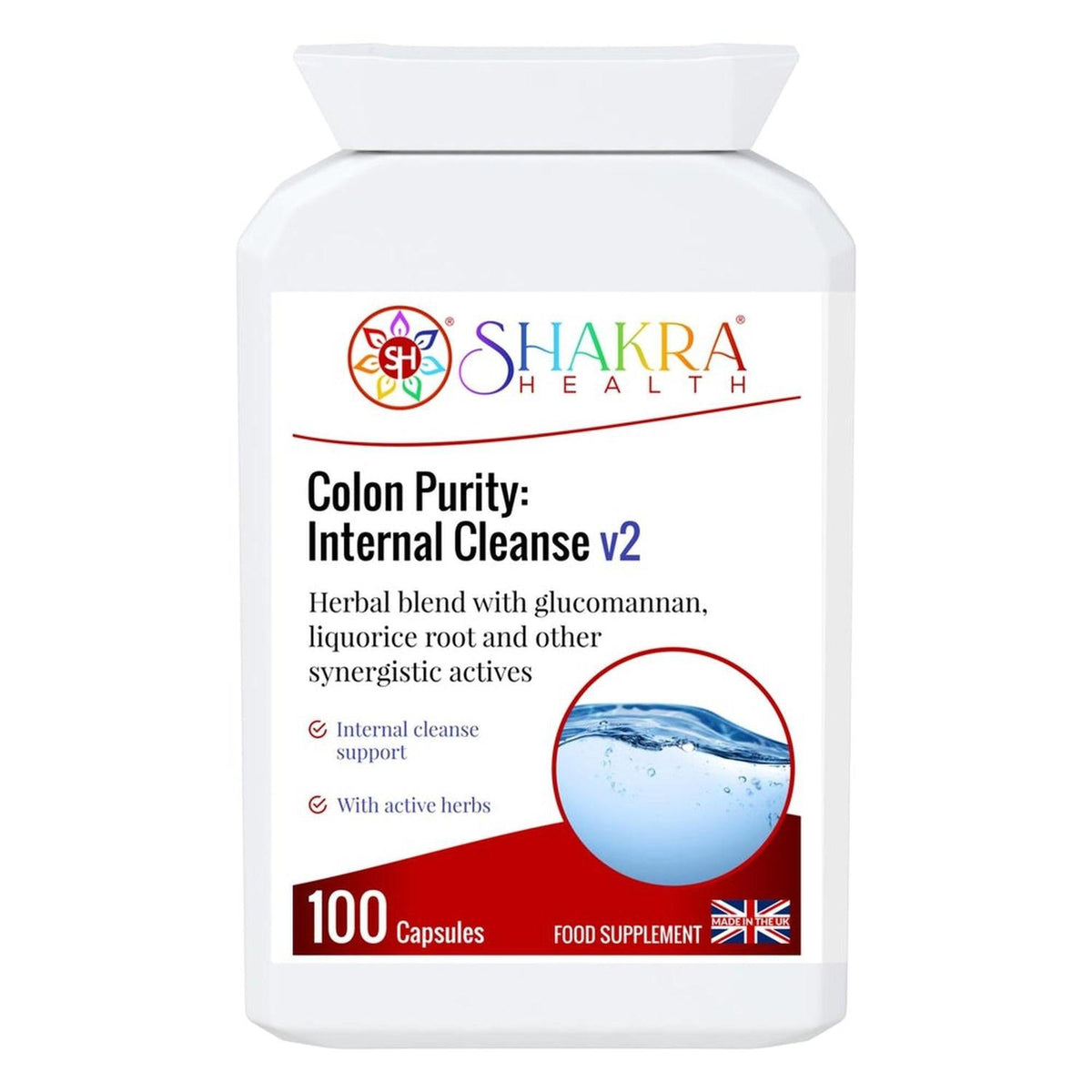 White plastic bottle of Colon Purity: Internal Cleanse v2 capsules with a red and blue label featuring a water graphic.