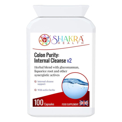 White plastic bottle of Colon Purity: Internal Cleanse v2 capsules with a red and blue label featuring a water graphic.