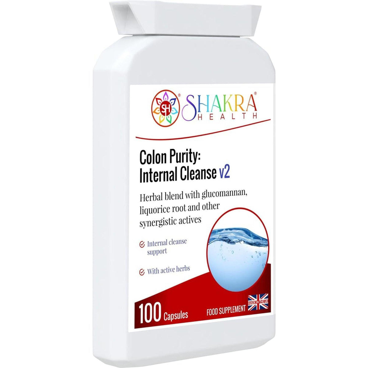 White plastic bottle of Colon Purity: Internal Cleanse v2 capsules with a colorful logo and water splash graphic.