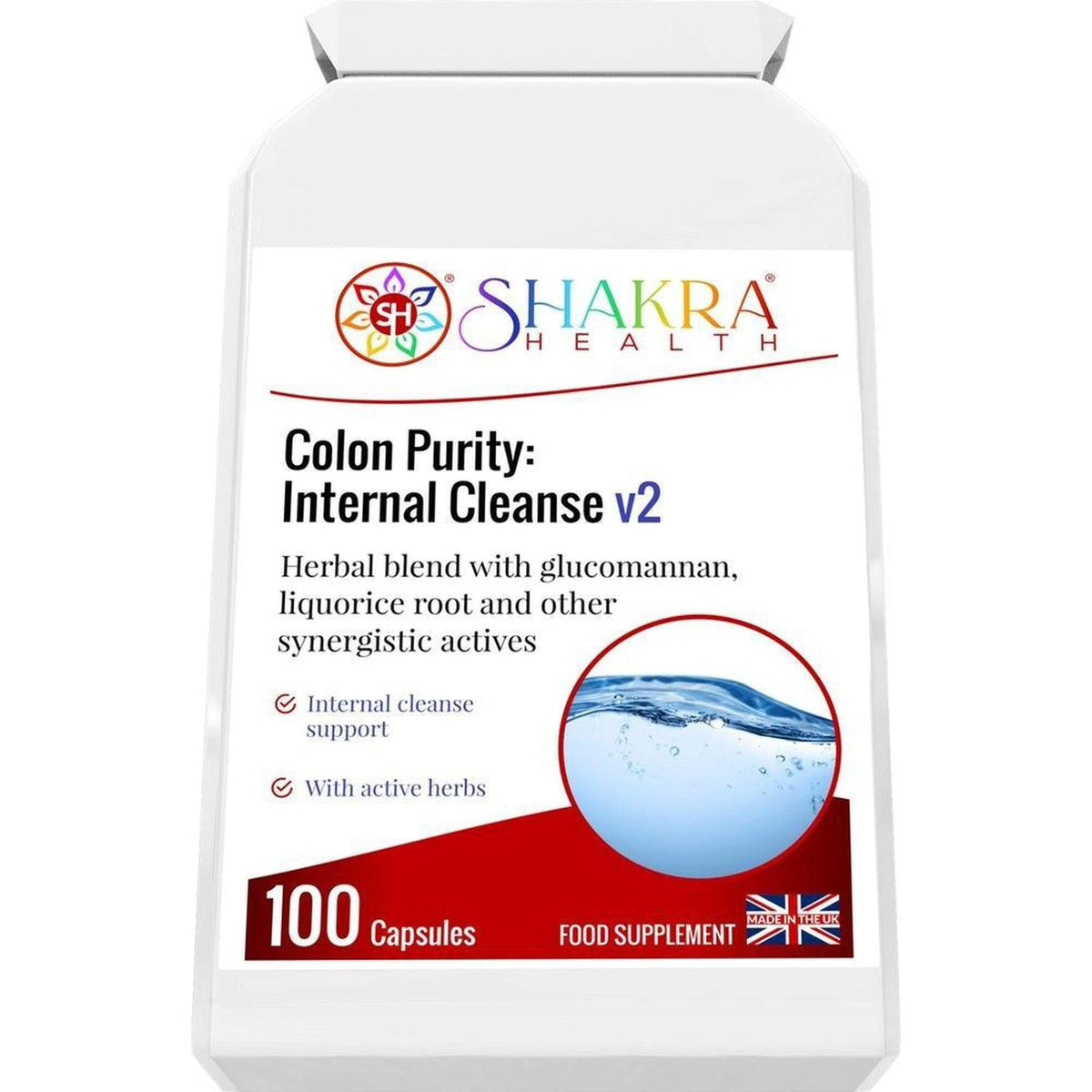 White bottle of Colon Purity Internal Cleanse v2 capsules with a red and blue label featuring a water wave graphic.