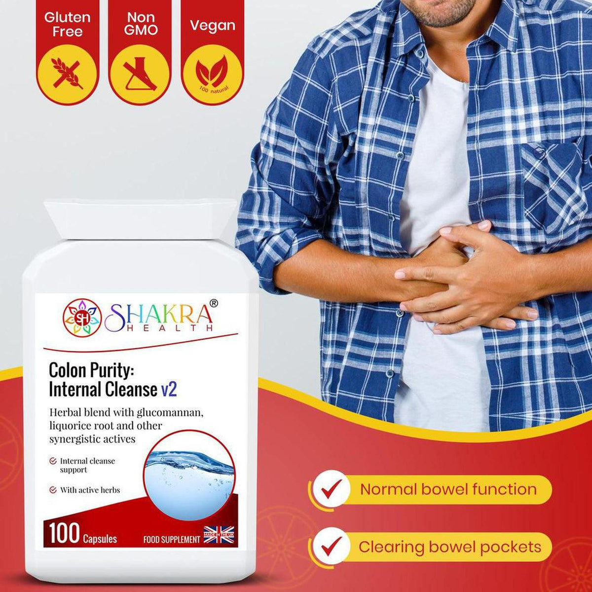 White bottle of Colon Purity capsules next to a man holding his stomach, featuring gluten-free and vegan icons.