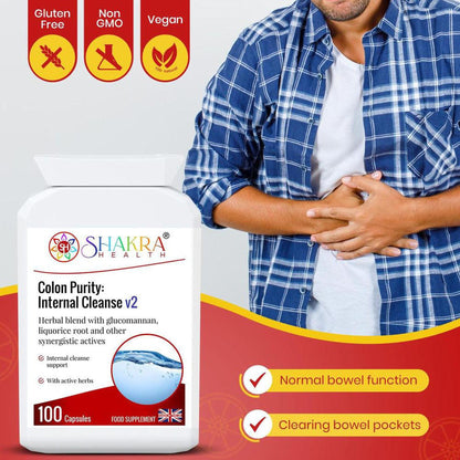 White bottle of Colon Purity capsules next to a man holding his stomach, featuring gluten-free and vegan icons.