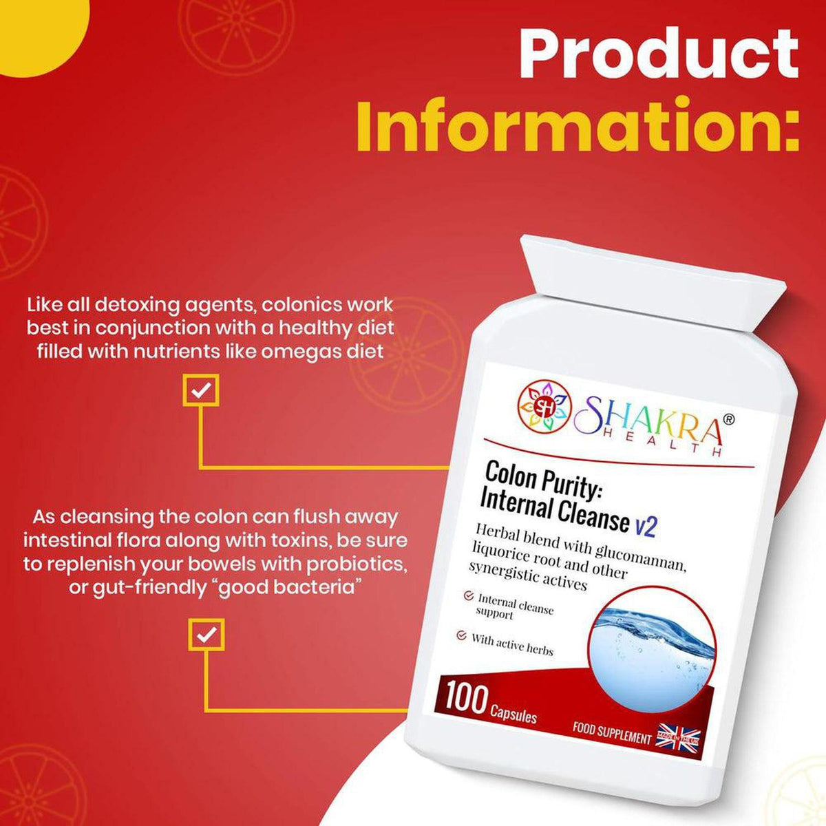 White bottle of Shakra Health Colon Purity capsules with red and yellow background featuring product information.