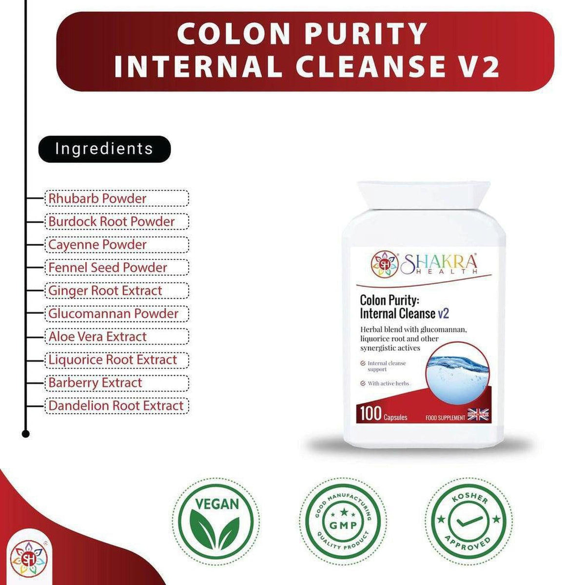 White bottle of Colon Purity: Internal Cleanse v2 capsules with an ingredient list and vegan, GMP, and kosher certifications.