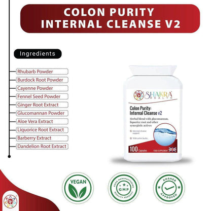 White bottle of Colon Purity: Internal Cleanse v2 capsules with an ingredient list and vegan, GMP, and kosher certifications.